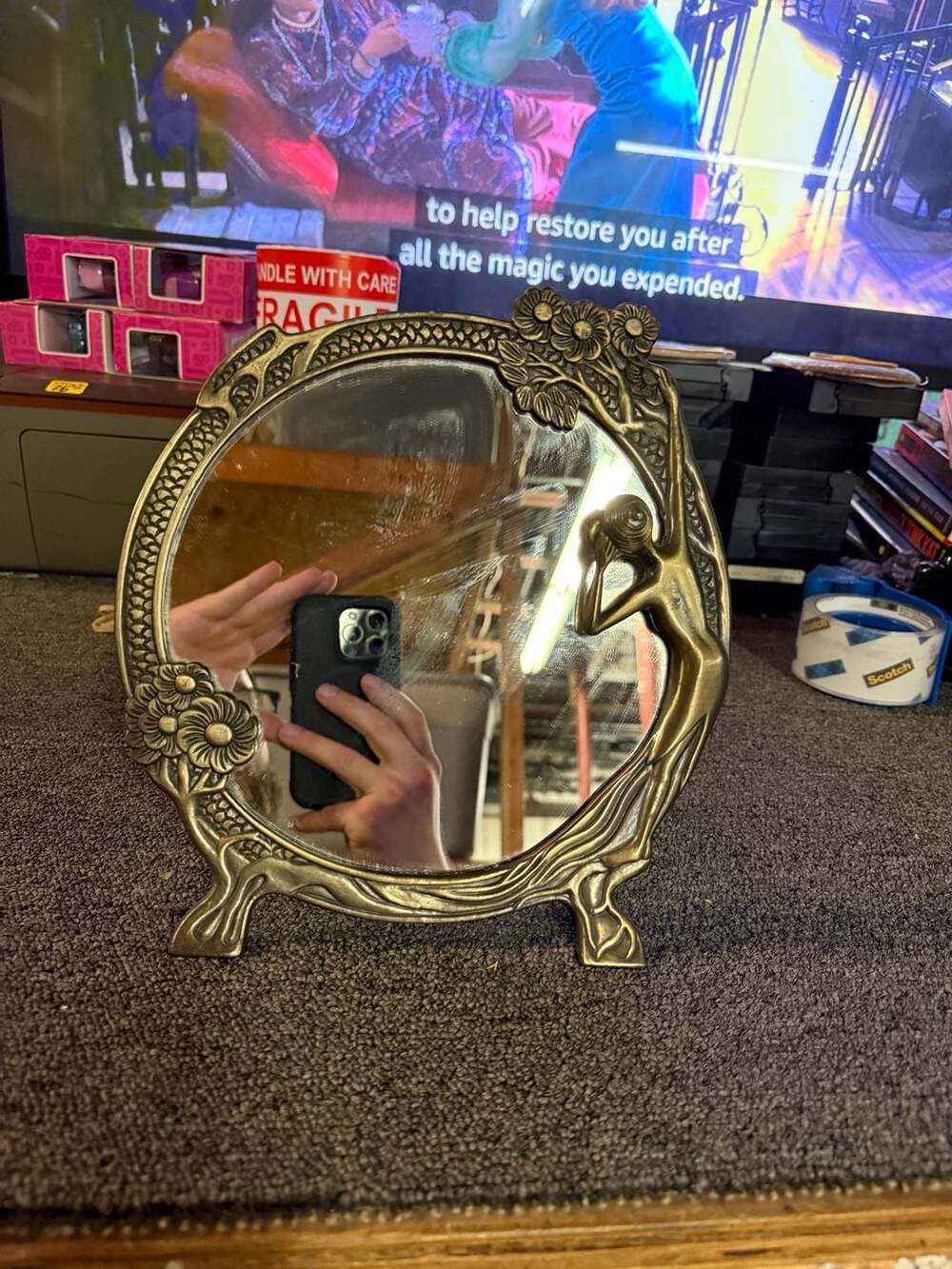 Vintage Art Nouveau Style Round Brass Finish Tabletop Vanity Mirror with Maiden